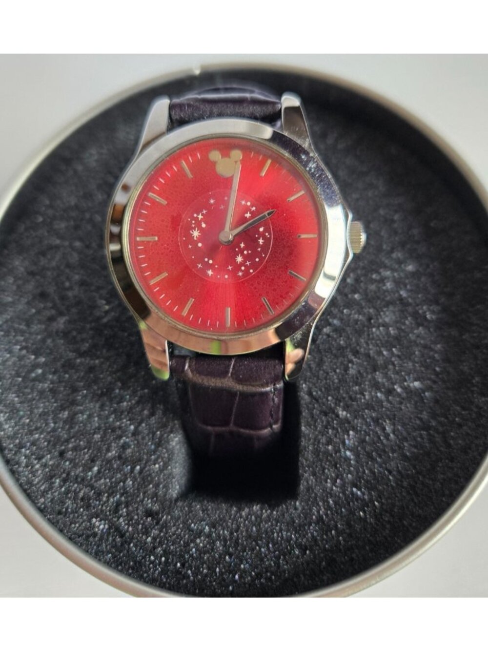 VTG Disney Mickey Mouse Watch 75 Years of Fun Tin MC1077DCP Red Dial Black Band